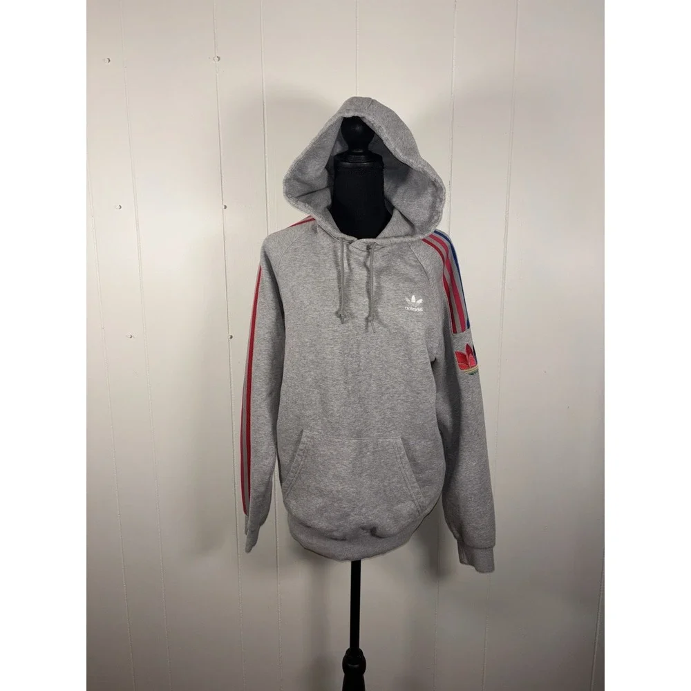 Adidas Originals retro Gray Red Men's 3D Trefoil 3-Stripe Colors Hoodie Mens S